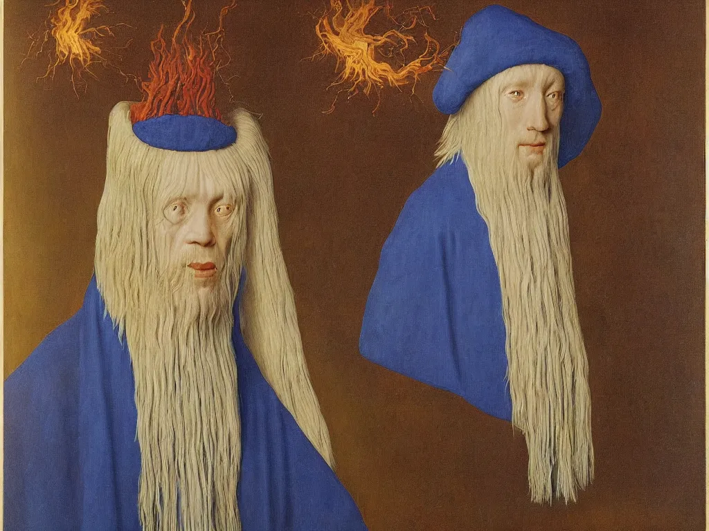 Image similar to Portrait of albino mystic with blue eyes, with flames. Painting by Jan van Eyck, Audubon, Rene Magritte, Agnes Pelton, Max Ernst, Walton Ford