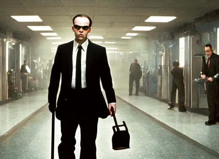 Image similar to film still of agent smith working as a janitor in the new matrix movie, 4 k