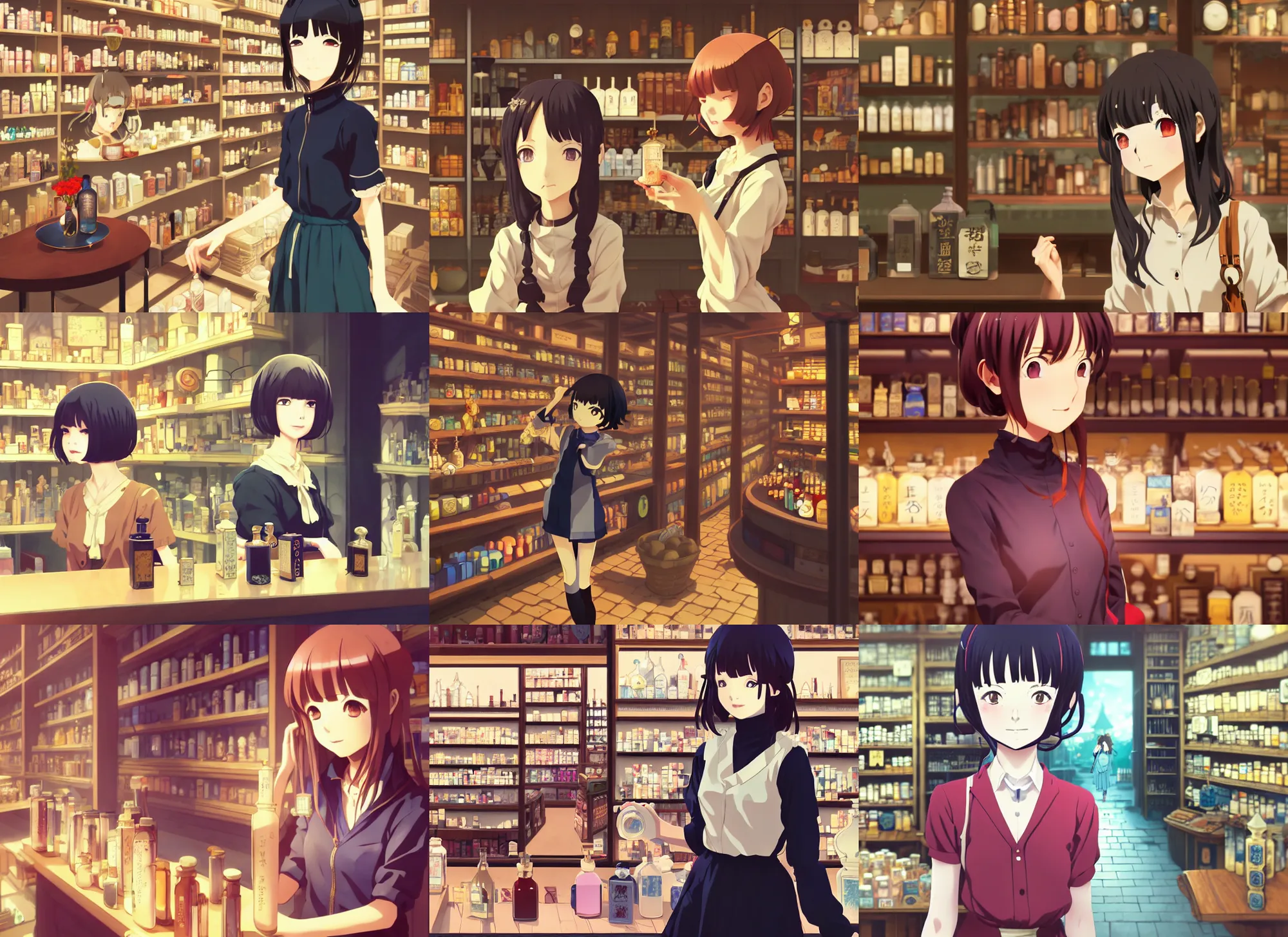 Prompt: anime visual, portrait of a young female traveler in a alchemist's potion shop interior shopping, cute face by ilya kuvshinov, yoshinari yoh, makoto shinkai, moody, dynamic pose perspective, cel shaded, lomography,, detailed facial features