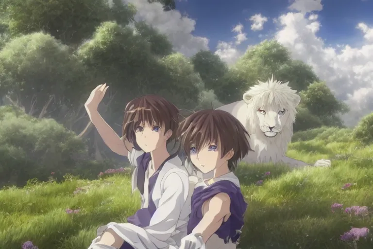 Image similar to a vast scene, panorama distant view, anime art full body portrait character concept art, hyper detailed scene render of a boy and white lion, anime key visual of violet evergarden, finely detailed perfect face delicate features directed gaze, in the white clouds fairyland, trending on pixiv fanbox, violet evergarden, studio ghibli, james jean, extremely high quality artwork