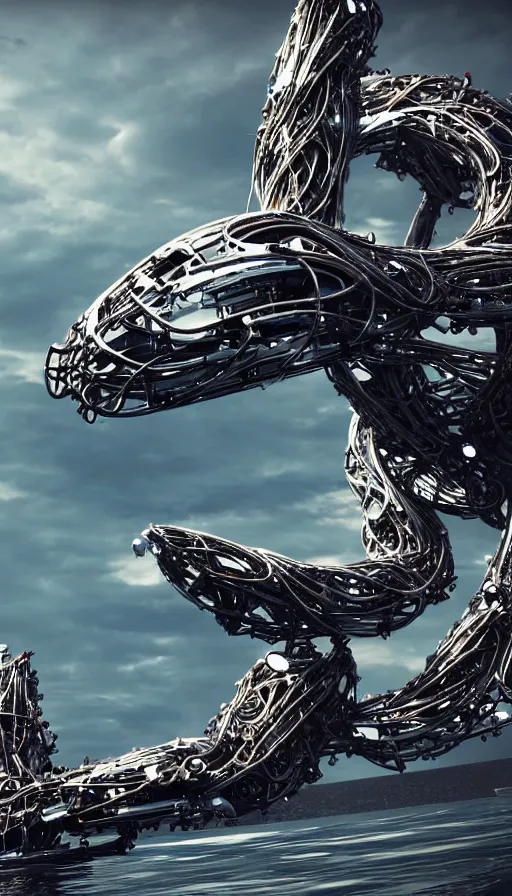 Image similar to summoning a beautiful biomechanical orca spirit from the ocean, organic and robotic, made up of many bits of metal, skin, and plastic, shiny, metallic, cyberpunk, post apocalyptic, hyper realistic, epic angle, octane render unreal engine render, 8k, super detailed, SLEEK!!!