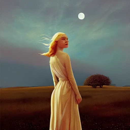 Prompt: Elle Fanning in the painted world of Star Wars, head and shoulders masterpiece, apocalypse, golden hour, cosmic horror, artstation, in the style of Andrew Wyeth and Edward Hopper and Bosch, extremely detailed