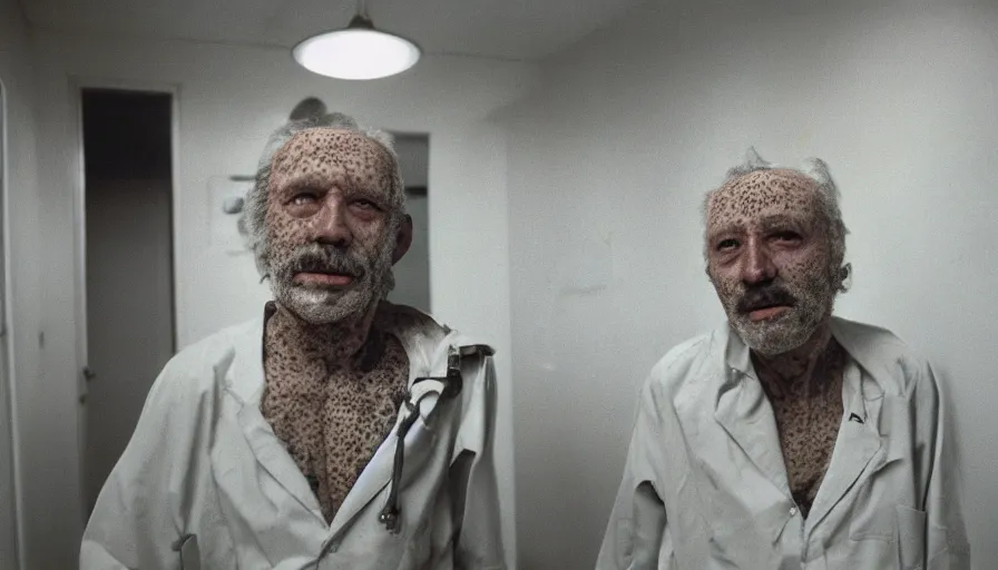 Prompt: 7 0 s movie still of a old man with trypophobia skin in the hospital, cinestill 8 0 0 t 3 5 mm eastmancolor, heavy grain, high quality, high detail