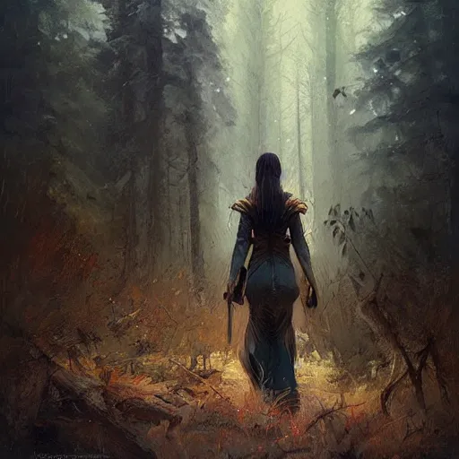 Prompt: a warrior returning from battle, destroyed forest, digital art, expressive oil painting, sadness, by Artgerm, by Jeremy Lipkin