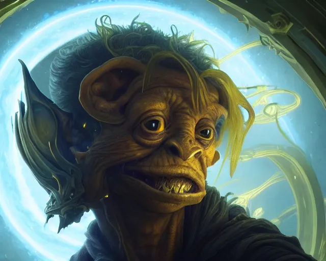 Image similar to a 4 k cinematic screenshot still portrait of a goblin in a dark liminal space room surrounded by gold, deep focus, d & d, fantasy, intricate, elegant, highly detailed, digital painting, art station, concept art, matte, sharp focus, illustration, dark fantasy style art, hearthstone, art by artgerm and greg rutkowski and alphonse mucha