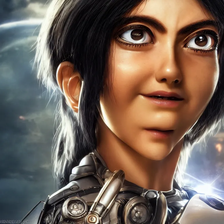 Image similar to scifi alita battle angel, elegant lady, big eyes, smiling face, extremely high detail, extremely high detailed face, cyborg, photorealism, sony a 7 r