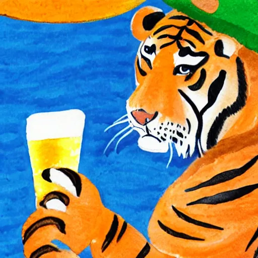 Prompt: an illustration of a tiger wearing a bucket hat drinking a beer at an outdoor bar in stockholm, children's book watercolor drawing