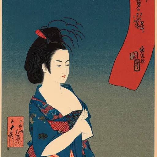 Image similar to Kaitlyn Michelle Siragusa, better known as Amouranth, full body portrait, by Katsushika Hokusai, by Haruyo Morita, by Ohara Koson