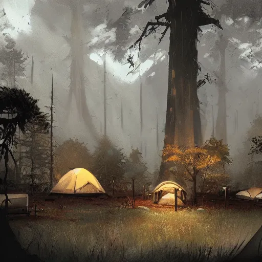 Image similar to a eerie campground surrounded by ghosts, craig mullins