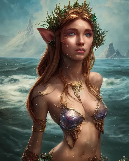Prompt: A beautiful elf wearing a magical bikini posing on a boat, beautiful face, highly detailed face, close-up, fantasy art, in the style of greg rutkowski, illustration, epic, fantasy, intricate, hyper detailed, artstation, concept art, smooth, sharp focus, ray tracing