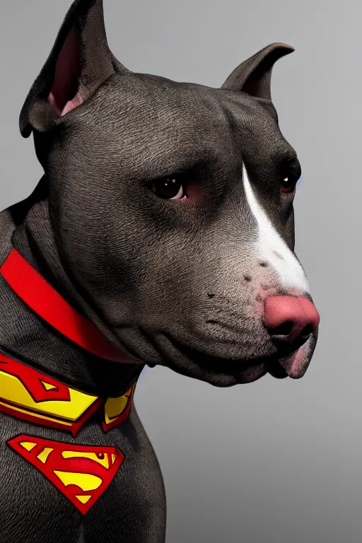 Image similar to pitbull dog wearing superman suit, hyperrealistic, 8 k resolution, artstation, well designed