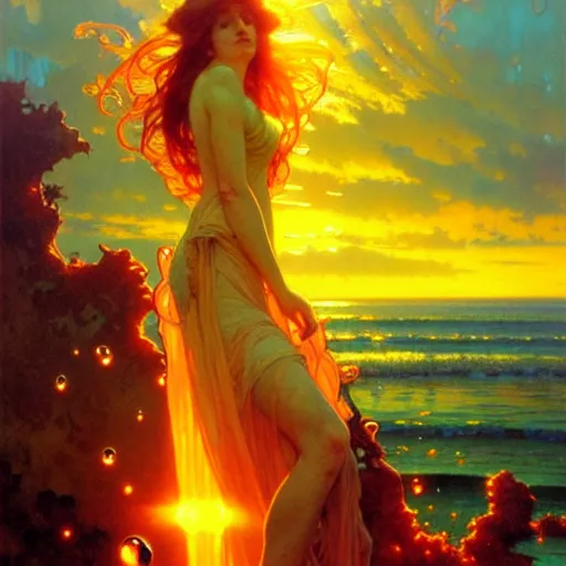 Image similar to sea of glossy liquid honey drops flowing like translucent amber, backlit, sunset, refracted lighting, art by collier, albert aublet, krenz cushart, artem demura, alphonse mucha