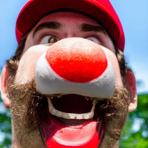 Image similar to photo of real life mario finding a giant amanita muscaria, exhilarated, portrait, closeup. mouth open, 3 0 mm, bokeh