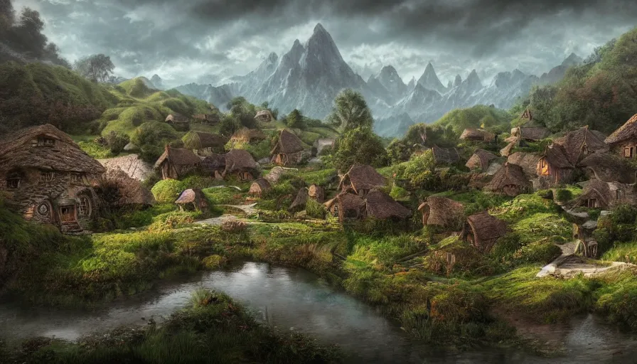 Prompt: matte painting of a beautiful hobbit village, digital art, trending on artstation