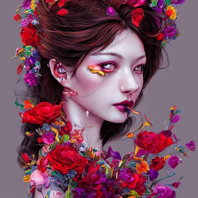 Image similar to studio portrait absurdly beautiful, elegant, graceful, young hypercolorful sensual gravure idol rubies red petals gems, ultrafine hyperrealistic detailed face illustration by kim jung gi, irakli nadar, intricate linework, sharp focus, bright colors, matte, octopath traveler, final fantasy, unreal engine highly rendered, global illumination, radiant light, intricate rainbow environment