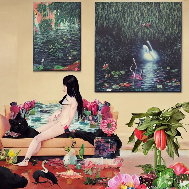 Image similar to emo catgirl artist in her flooded lounge room, painting of flood waters inside an artist's loungeroom, a river flooding indoors, pomegranates, pigs, ikebana, water, octopus, river, rapids, waterfall, black swans, canoe, berries, acrylic on canvas, surrealist, by magritte and monet