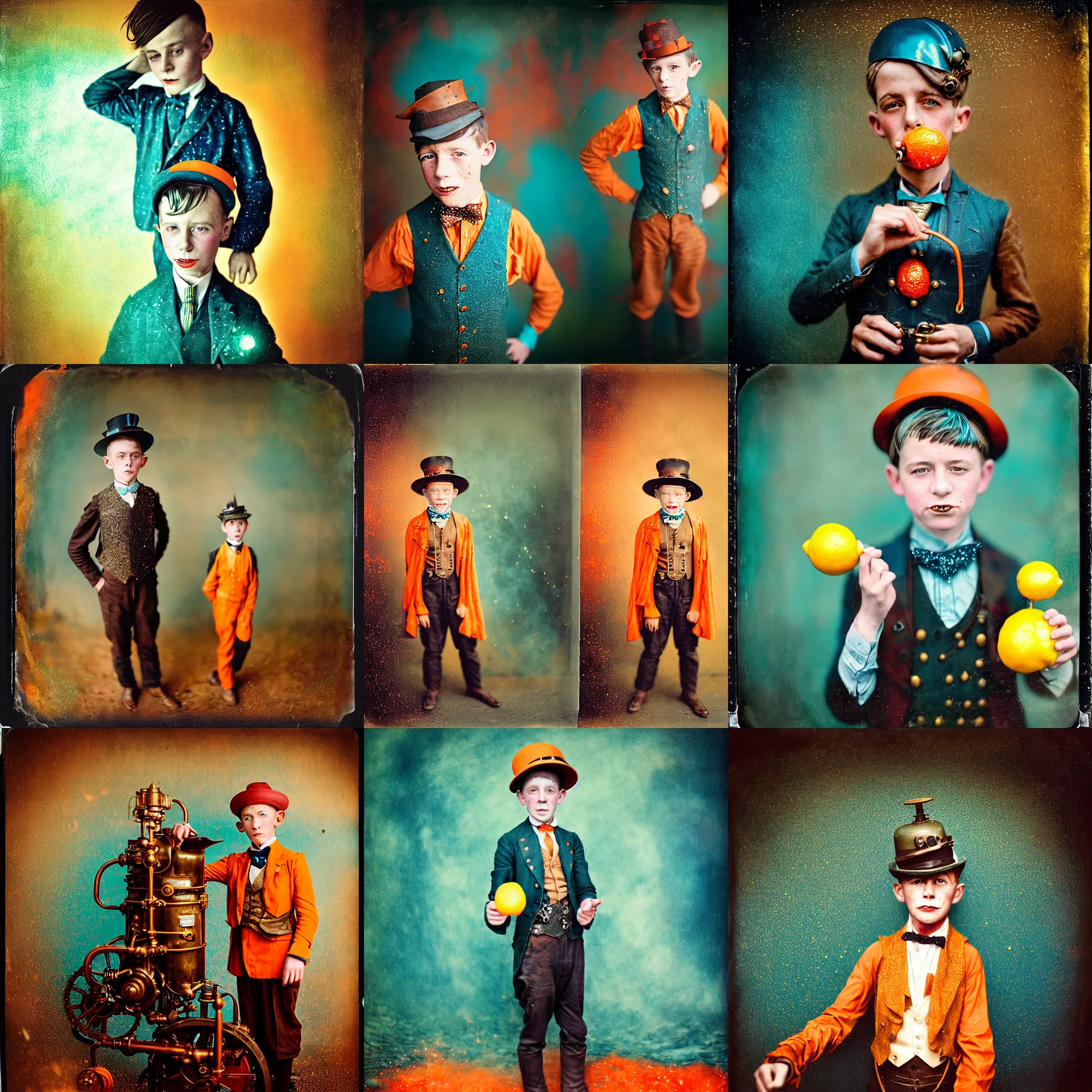 Prompt: kodak portra 4 0 0, wetplate, motion blur, portrait photo of a spitting 8 year old steampunk boy in the 1 9 2 0 s in hell fire, wearing a lemon, 1 9 2 0 s cloth hair, coloured in teal and orange, muted colours, by britt marling, glitter storm