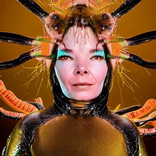 Prompt: bjork as an alien visitor to a new world, delivering musical artistry never before heard or seen