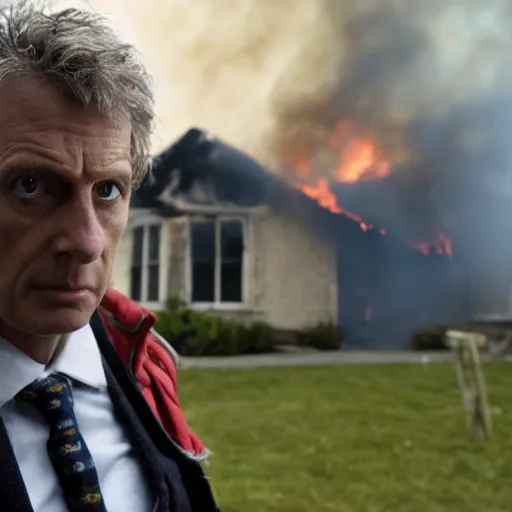 Prompt: a photo of a house burning down in the background and doctor who with an eerie expression in the foreground, strong depth of field