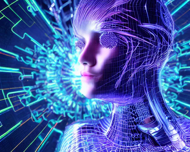 Image similar to cyberhair, complex cyberneticbeings, beautiful hairy cyberhumanoids, cybermagnetosphere, cybernetic ornate hair, love, joy, vortexes, large cyberarrays data holograms, 8 k, ultra hd, light shadows, wet hdr refractions, *, * * *, * * * * *