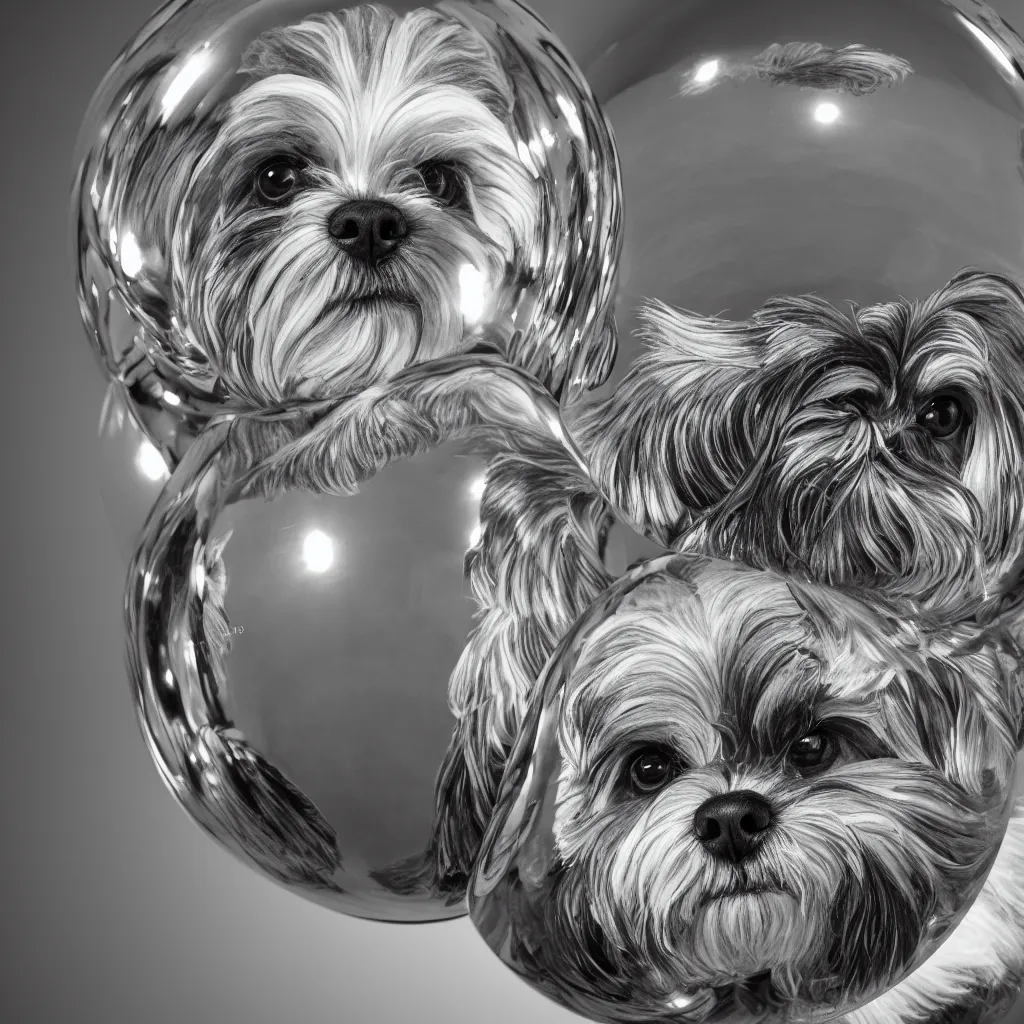 Image similar to full length portrait of a havanese dog reflected in a chrome sphere, ultra wide 1 0 mm, by m c escher pen and paper