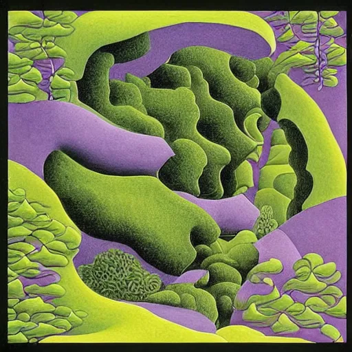 Prompt: painting of a lush natural scene on an alien planet by mc escher. beautiful landscape. weird vegetation. cliffs and water.