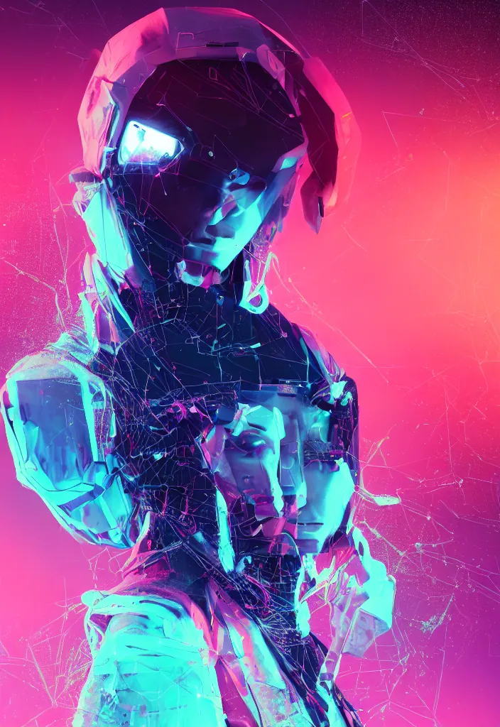 Prompt: hacker wearing glitched techwear, flying, photography, specular, luminous, full body portrait in landscape, long hair, pastel red blue pallette, detailed eyes, exaggerated facial expressions