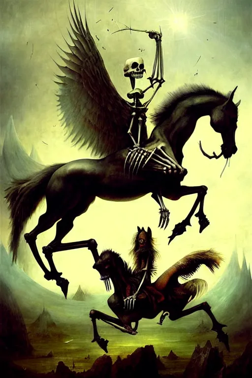 Prompt: hieronymus bosch, greg rutkowski, anna podedworna, painting of a flying evil skeletal horse