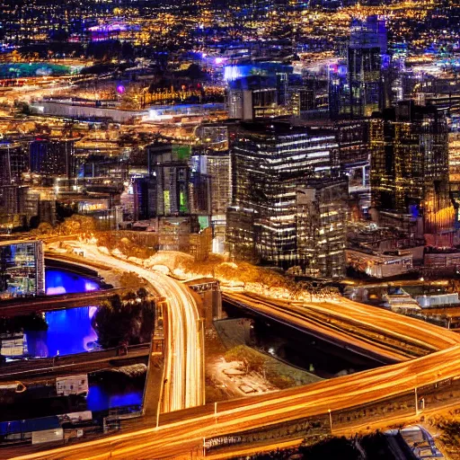 Prompt: nighttime cityscape photo shot from helicopter ultradetailed 8 k