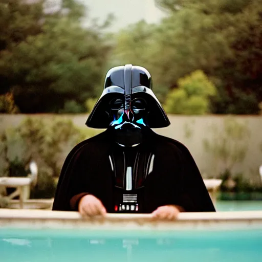 Prompt: photo of darth vader in swimming pool cinestill, 800t, 35mm, full-HD