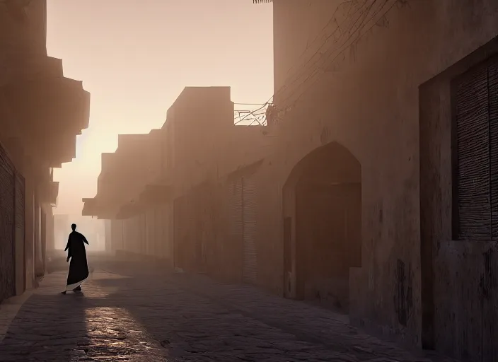 Image similar to old jeddah city alley, roshan, old shops, horse, magical glowing gate to another dimension, a man wearing a white robe standing watching over, dramatic lighting, dawn, by caspar david friedrich, unreal engine 5