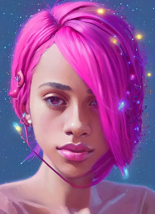 Image similar to portrait of teenage vanessa morgan with bright pink hair, vanessa morgan, curly pixie cut hair, wearing a purple breton cap, breton cap, hoop earrings, intricate, elegant, glowing lights, highly detailed, digital painting, artstation, concept art, smooth, sharp focus, illustration, art by wlop, mars ravelo and greg rutkowski