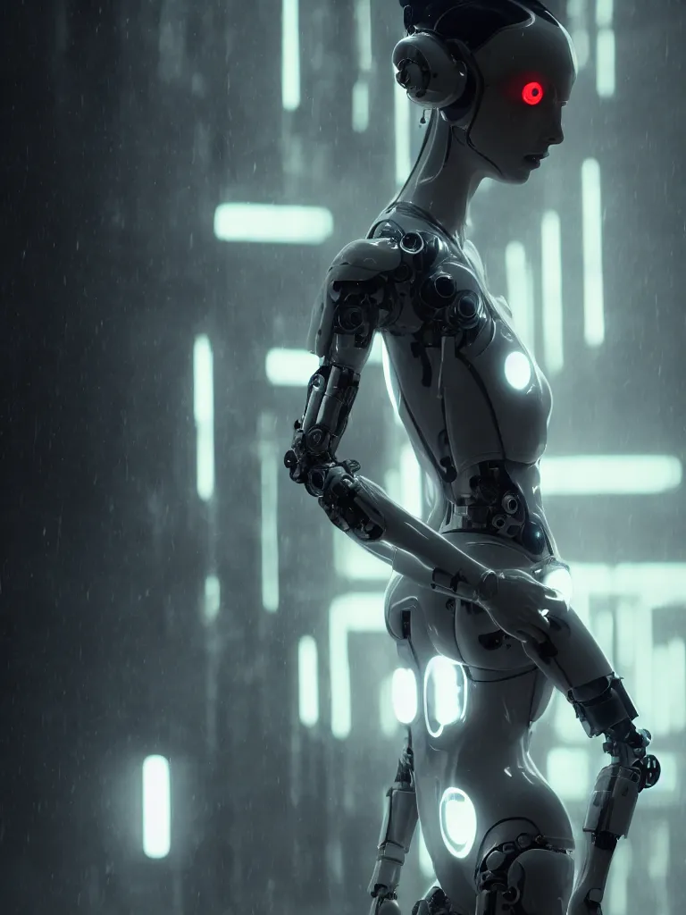 Image similar to cinematic shot of a cyborg woman with a porcelain body, perfect body, athletic, delft porcelain, led details, blade runner, ghost in the shell, futuristic, 8 k resolution, hyperdetailed, beautiful lighting, octane rendered, poser, photorealistic, exquisite details