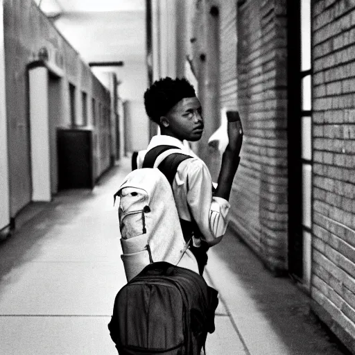 Image similar to realistic photo of a student going to school, in style of Tyler Mitchell, 35mm,