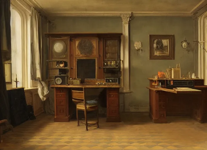 Image similar to still life painting of a retro electronics supercomputer built - in desk workstation battlestation by pieter claesz, oil on canvas, strong lighting, highly detailed, hyper realism, golden hour, god rays, hd, 4 k