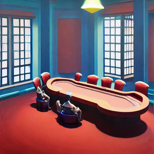 Prompt: Poker room, very coherent, painted by Edward Hopper, Wayne Barlowe, painted by James Gilleard, airbrush, art by JamesJean