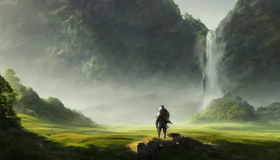 Prompt: Knight looking at a beautiful plain in the distance surrounded by green mountains and waterfalls, hyperdetailed, artstation, cgsociety, 8k