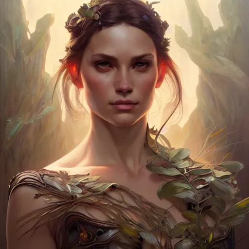 Image similar to portrait of forest gog, female, clear face, masculine, upper body, muscular, fantasy, intricate, elegant, highly detailed, digital painting, artstation, concept art, matte, sharp focus, illustration, art by artgerm and greg rutkowski and alphonse mucha