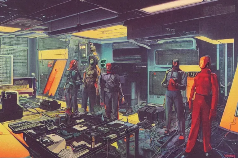 Image similar to 1979 OMNI Magazine Cover of a garage war-room in neo-Tokyo in cyberpunk style by Vincent Di Fate