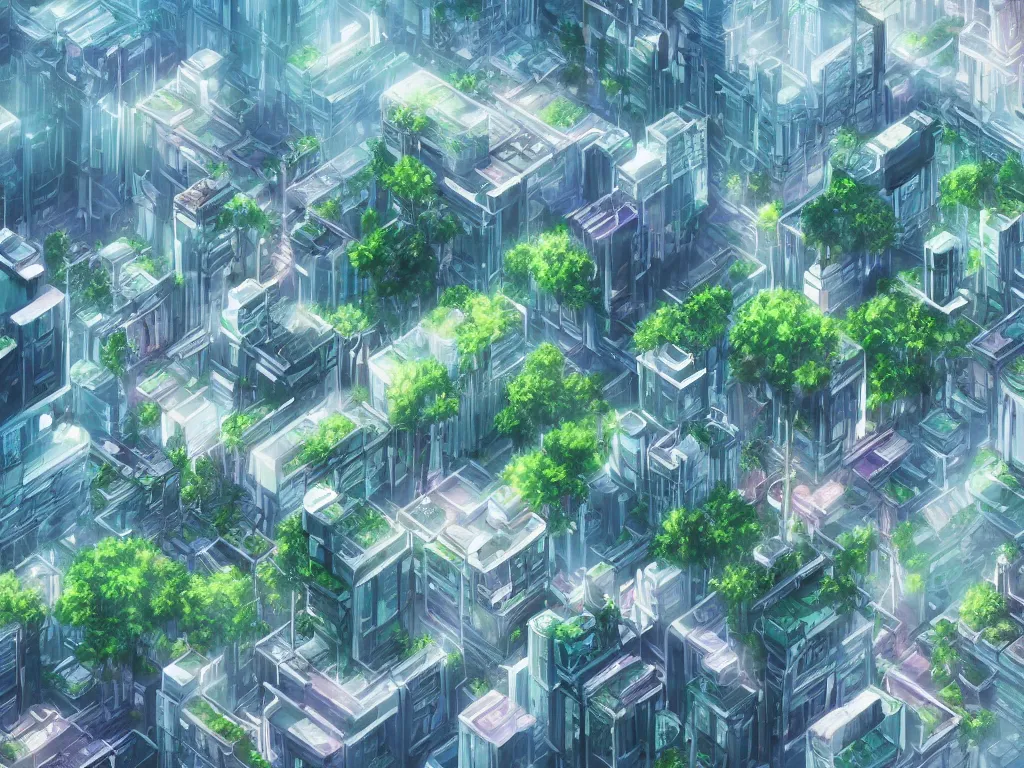 Image similar to futuristic city, lush vegetation, humid, early evening, diagonal view, geometric buildings, cloudy, beautiful, dull pastel colors, realistic, foggy, dreamy, nostalgic, bright, studio ghibli style