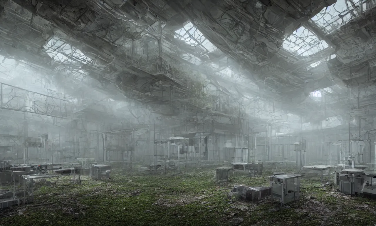 Prompt: an abandoned research facility in a foggy environment with mossy computers, and colored lights on research equipment still functioning | intricate detail, microdisplacement, elaborate design, cgi, volumetric lighting, global illumination