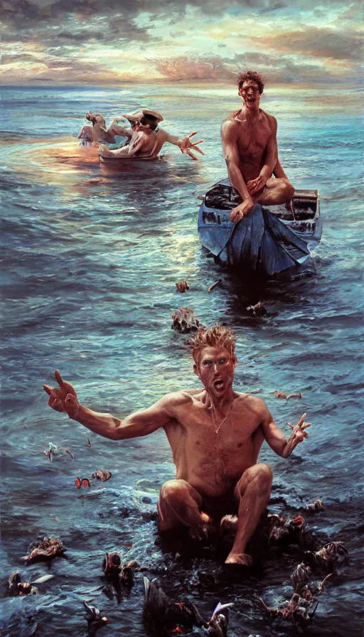 Image similar to man on boat crossing a body of water in hell with creatures in the water, sea of souls, by rob hefferan