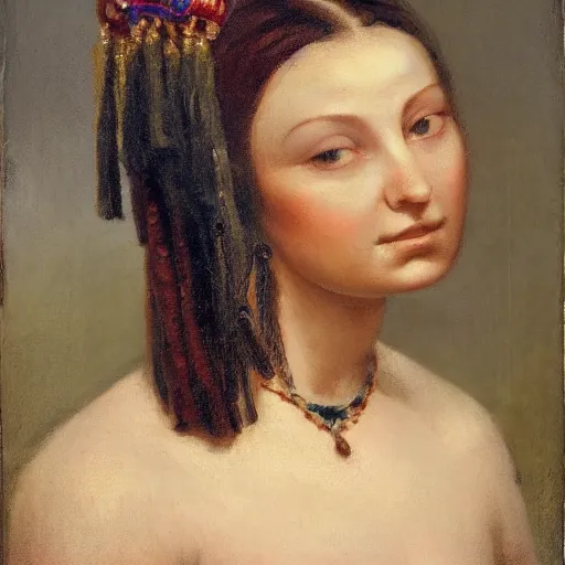 Prompt: beautiful portrait of a woman with tassels in her hair.