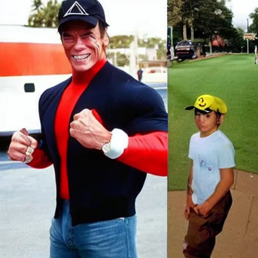 Image similar to Arnold Schwarzenegger dressed up as Ash Ketchum, sceme from the film Pokemon Terminator Trainer