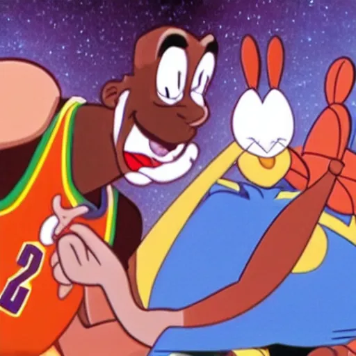 Prompt: lebron james helps bugs bunny in space jam a new legacy