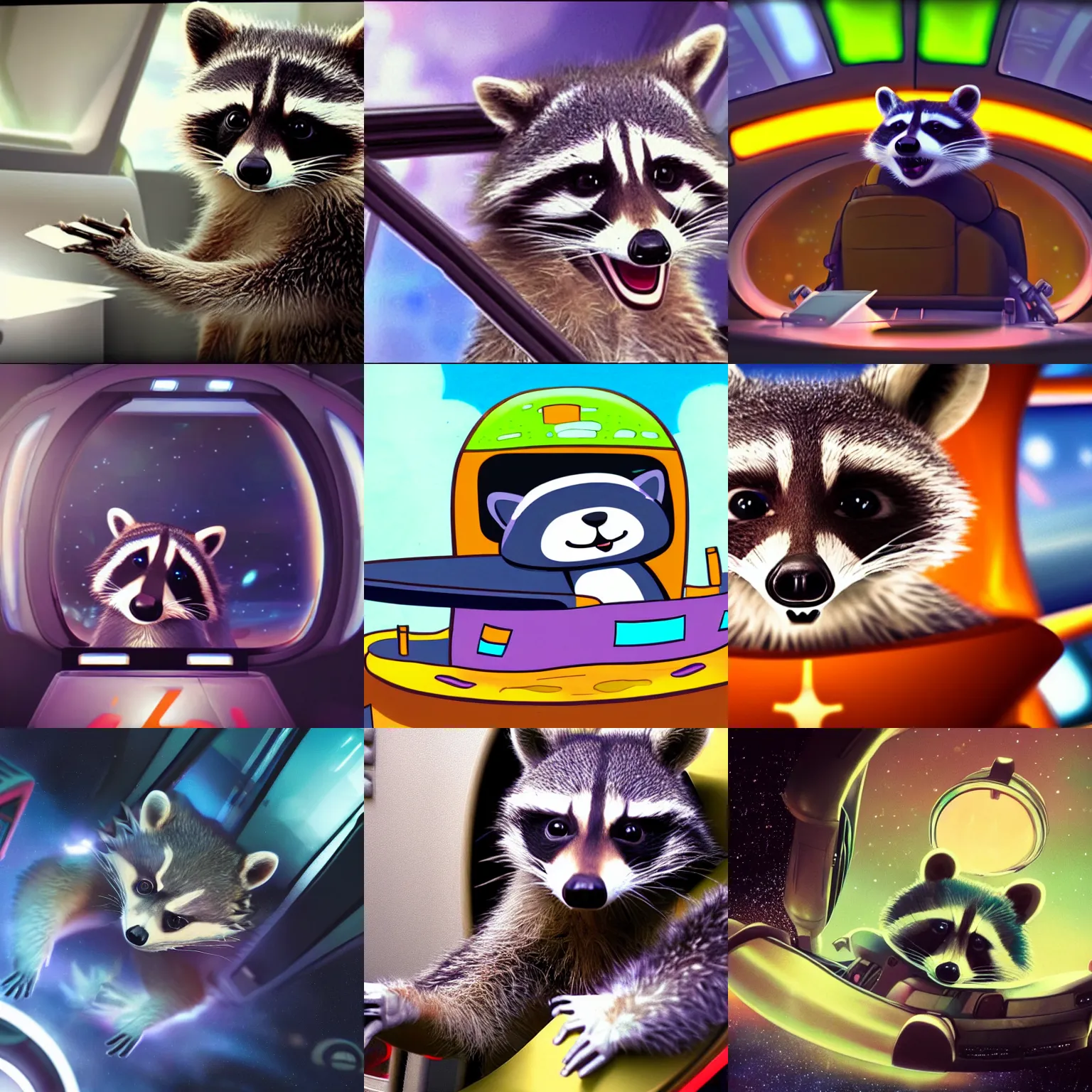 Prompt: A picture of a cute raccoon piloting a spaceship, award winning 8k