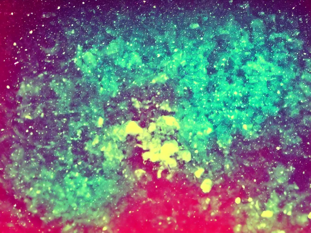 Prompt: a tridimensional colourful giant ice cube floating in the universe, galaxies and stars at the background, polaroid photo style, retro effect, high details, one ice cube in the picture