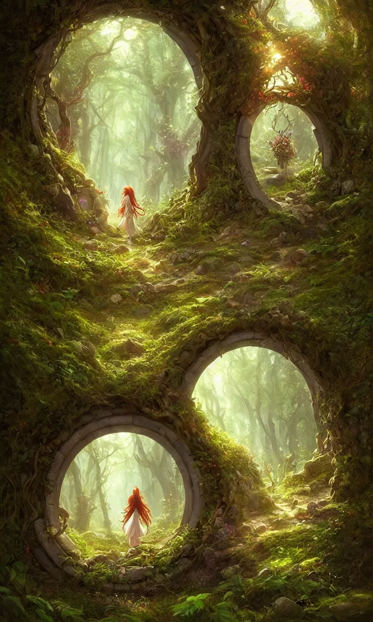 Image similar to Fantasy Magical fairy-tale portal in the forest. Round stone portal teleport in trees to other worlds. Fantastic landscape. Magic Altar in the fores, highly detailed, digital painting, artstation, concept art, smooth, sharp focus, illustration, art by artgerm and greg rutkowski and alphonse mucha