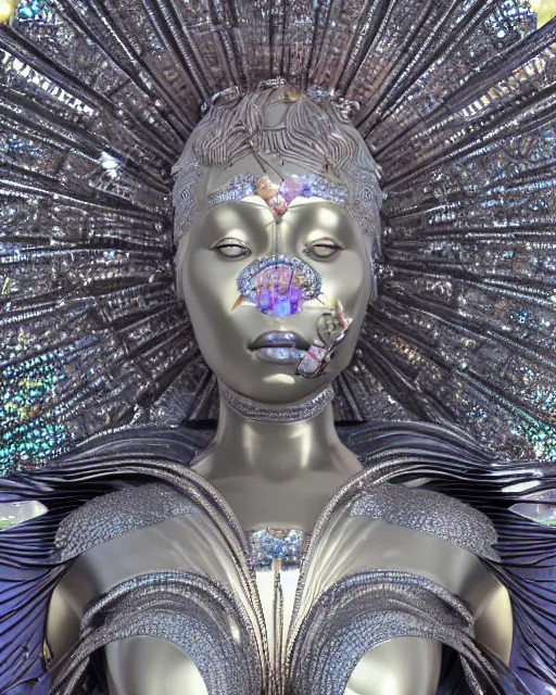 Image similar to a highly detailed metahuman 4 k close up render of an alien goddess bella hadid monument indian sculpture in iris van herpen dress schiaparelli in diamonds crystals swarovski and jewelry iridescent in style of alphonse mucha gustav klimt trending on artstation made in unreal engine 4