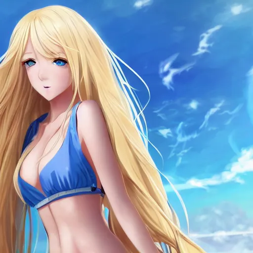 Prompt: a very beautiful young anime girl with 2 0 meters extremely long blond hair, full body, extremely long wavy 2 0 meters long blond hair, sky blue eyes, full round face,, bikini, miniskirt, front shot, extremely long thick blond hair, highly detailed, cinematic wallpaper by stanley artgerm lau